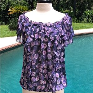 Loft, sheer, floral print, short sleeve, blouse